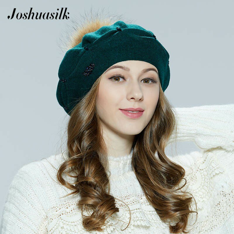 JOSHUASILK-gorro de lana de punto para mujer, boinas con hebilla de pellizco, decoración de POM mapache, sólido, otoño e invierno,: C EHOTA