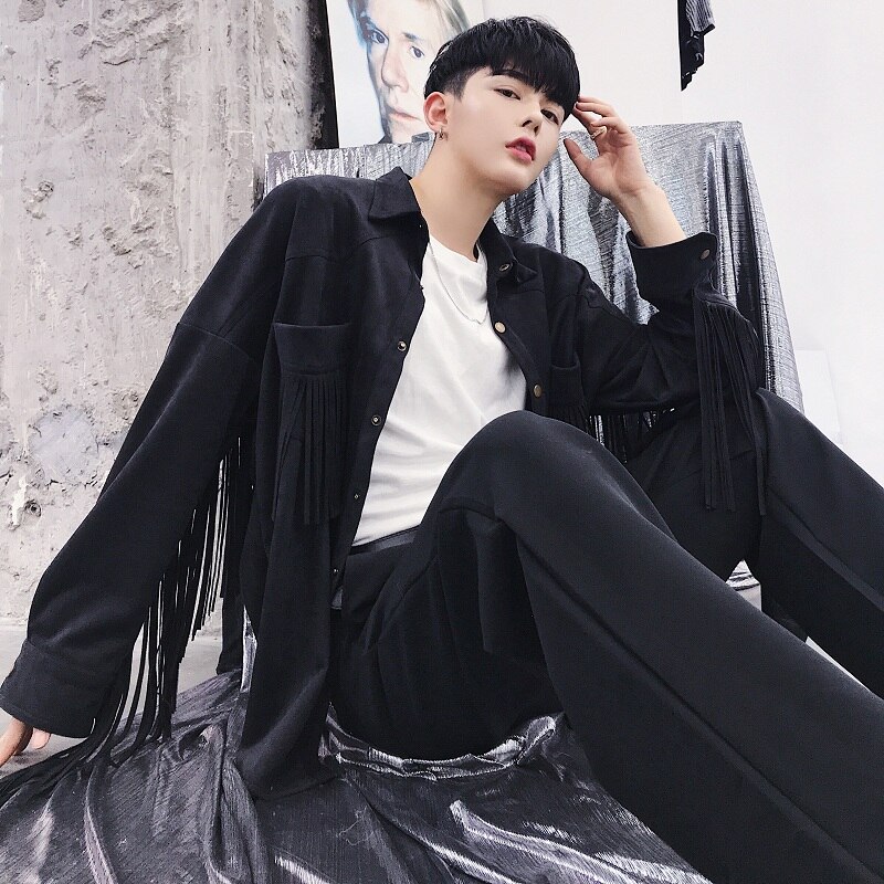 Chemise à franges pour hommes, style Hip Hop, gothique, Streetwear, Punk, personnalité, scène, boîte de nuit, chanteur, noir, kaki