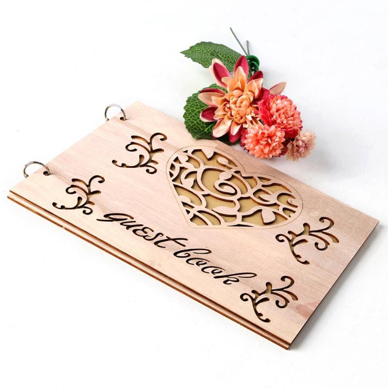 Signature Guest Book Sweet Wooden Party Decoration Set Love Heart Hollow Cut Memory Book Wedding Supplies 20 Inside Pages