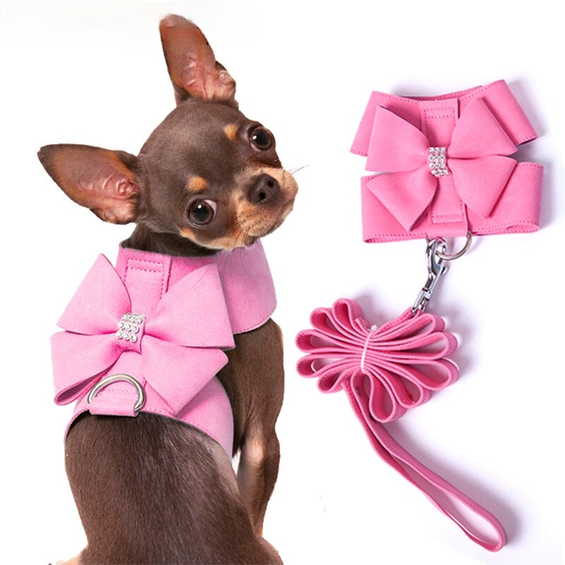 Harnais en cuir suédé souple pour petit chien, pour chiot, Chihuahua Yorkie, mignon, avec nœud en laisse, strass rose