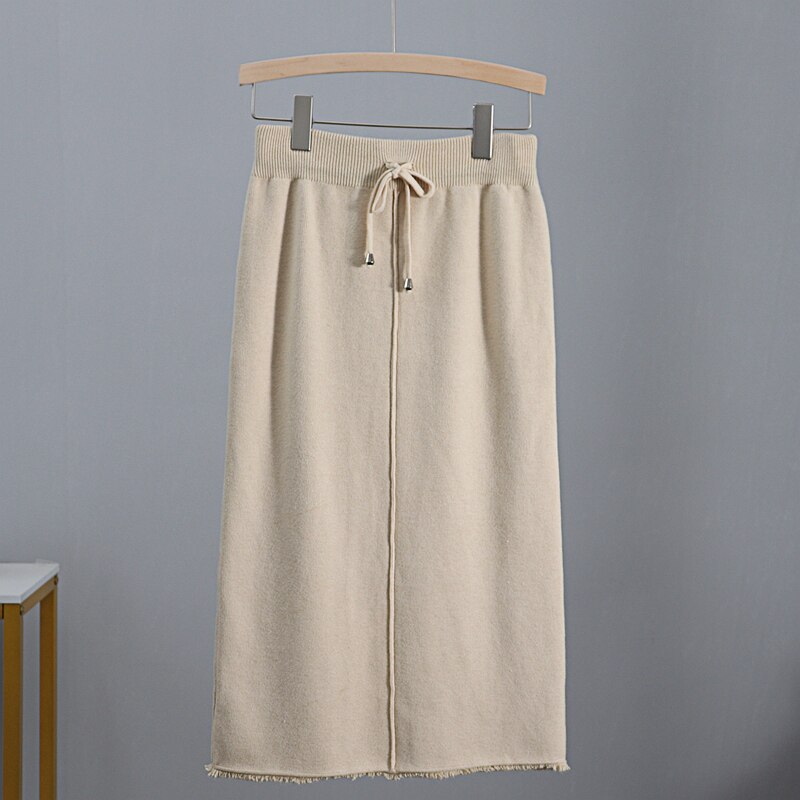 GIGOGOU Autumn Winter Knit Women Skirt Drawstring Midi Skirts Autumn Winter Long Maxi Bodycon Skirt Pencil Sweater Skirt: Apricot G188