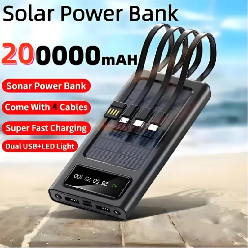 200000 mah solcelledrevet powerbank med ultrakapacitet, usb 4 in1 superhurtig opladning, usb type c, led-lys, udendørs powerbank til iphone