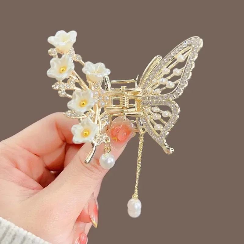 Pinzas de cangrejo y tiburón para niña, accesorios para el cabello, horquilla coreana para mujer, pinza para el cabello Simple de cristal, pinza para el cabello con borla de perlas y mariposa: Gris