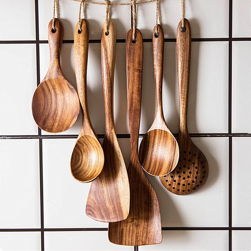 Natural Teak Wood Cooking Spatula Kitchen Utensil Set Tableware Spoon Colander Soup Skimmer Spoon Scoop Kitchen Cooking Tool Set