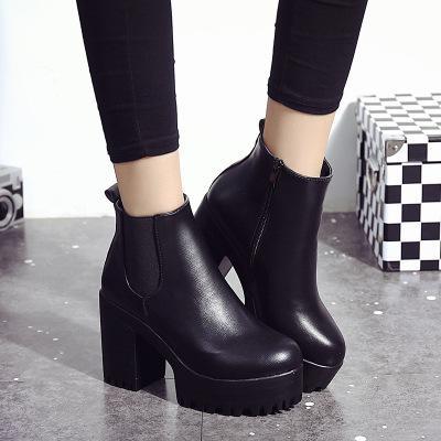 Chelsea Boots Female Leather Women Boots Thick Heels Ankle Boots For Women Round Toe Winter Shoes Women Flat Platform Boots: Black / 38