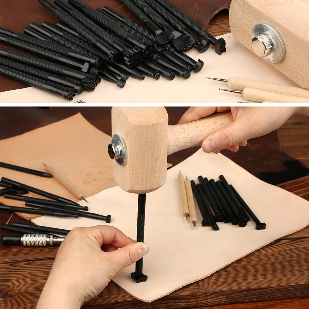 LMDZ Leather Craft Tools Kit Stitching Stamping Embossing Punch Saddle Groover Carving Hammer Set For Leather Working