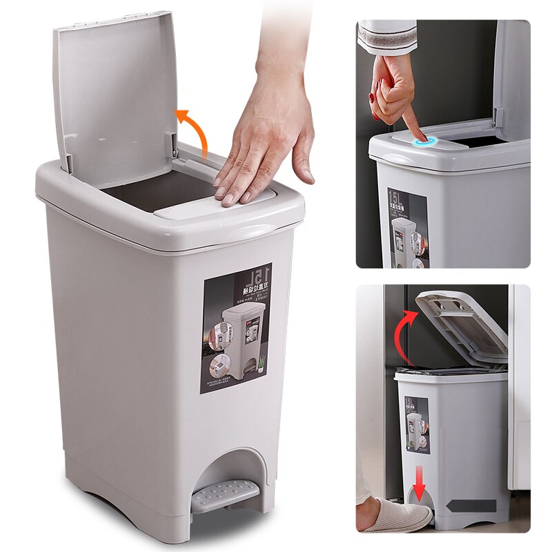 Cubo de basura de plástico tipo de presión cubo de basura de gran tamaño cubos de basura cuadrados Pedal de pie hogar cubo de basura