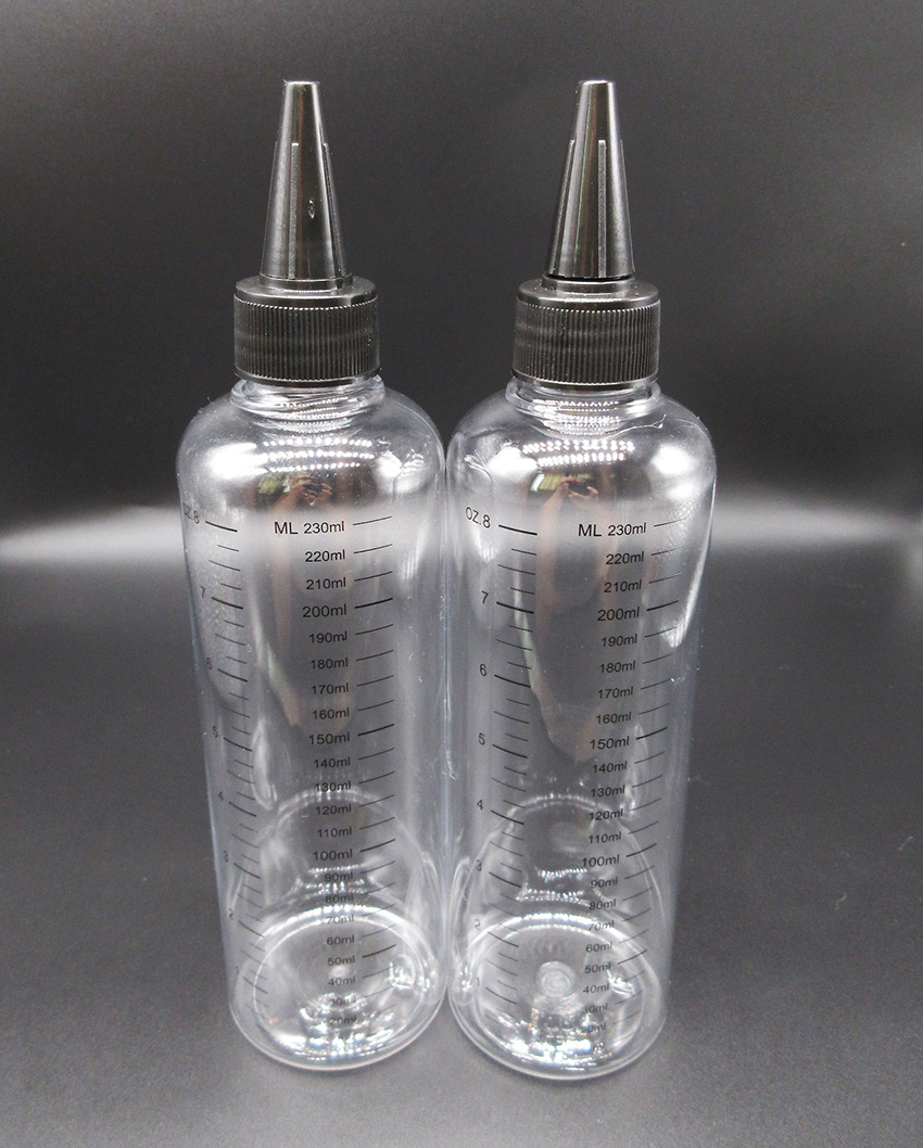PET 230 ml vloeibare fles met twist off dop, afstuderen fles zijde afdrukken voor haar gel