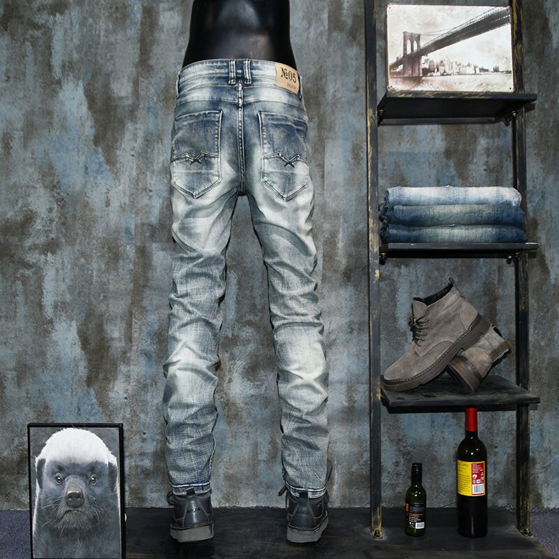 Vaqueros rasgados estilo europeo y americano para hombre, jeans informales elásticos ajustados nostálgicos