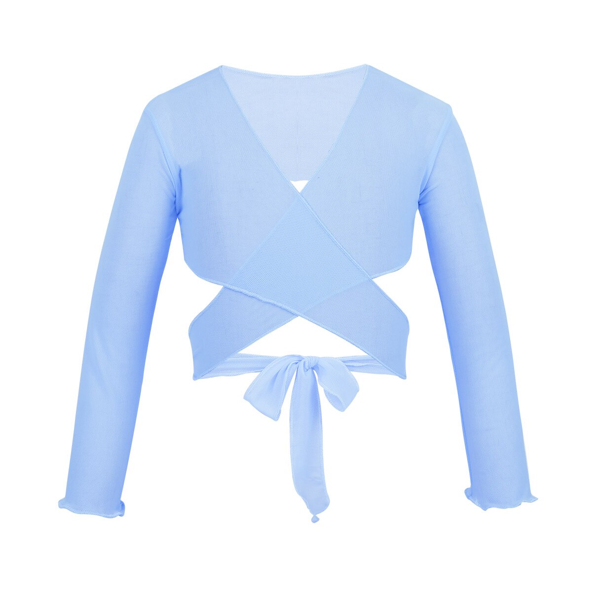 3-12 Years Kids Girls Classic Mesh Ballet Costume Long Sleeve Wrap Top with Adjustable Tie Closure for Wedding Party Shrug: Sky Blue / 15(150)