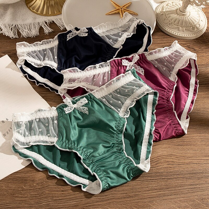 Japanese style milk silk sweet green women panties sexy lace satin female underwear