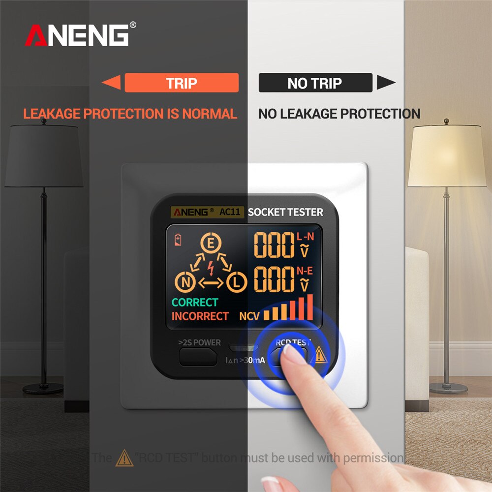 ANENG AC11 Socket Tester Electric Leakage Detector LCD Ground Zero Line Live Wire Phase Electroscope RCD NCV Electric Tester