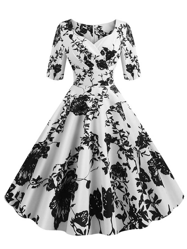 Vestido de otoño-invierno de media manga para mujer, estampado Floral, Vintage, informal, Rockabilly, Pin Up: L / 004
