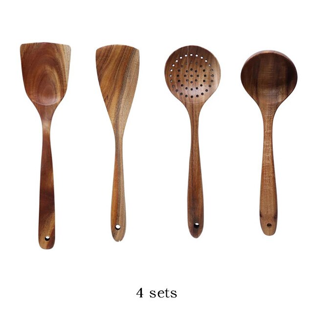 Thailand Teak Natural Wood Tableware Spoon Ladle Turner Long Rice Colander Soup Skimmer Cooking Spoons Scoop Kitchen Tool Set: 09