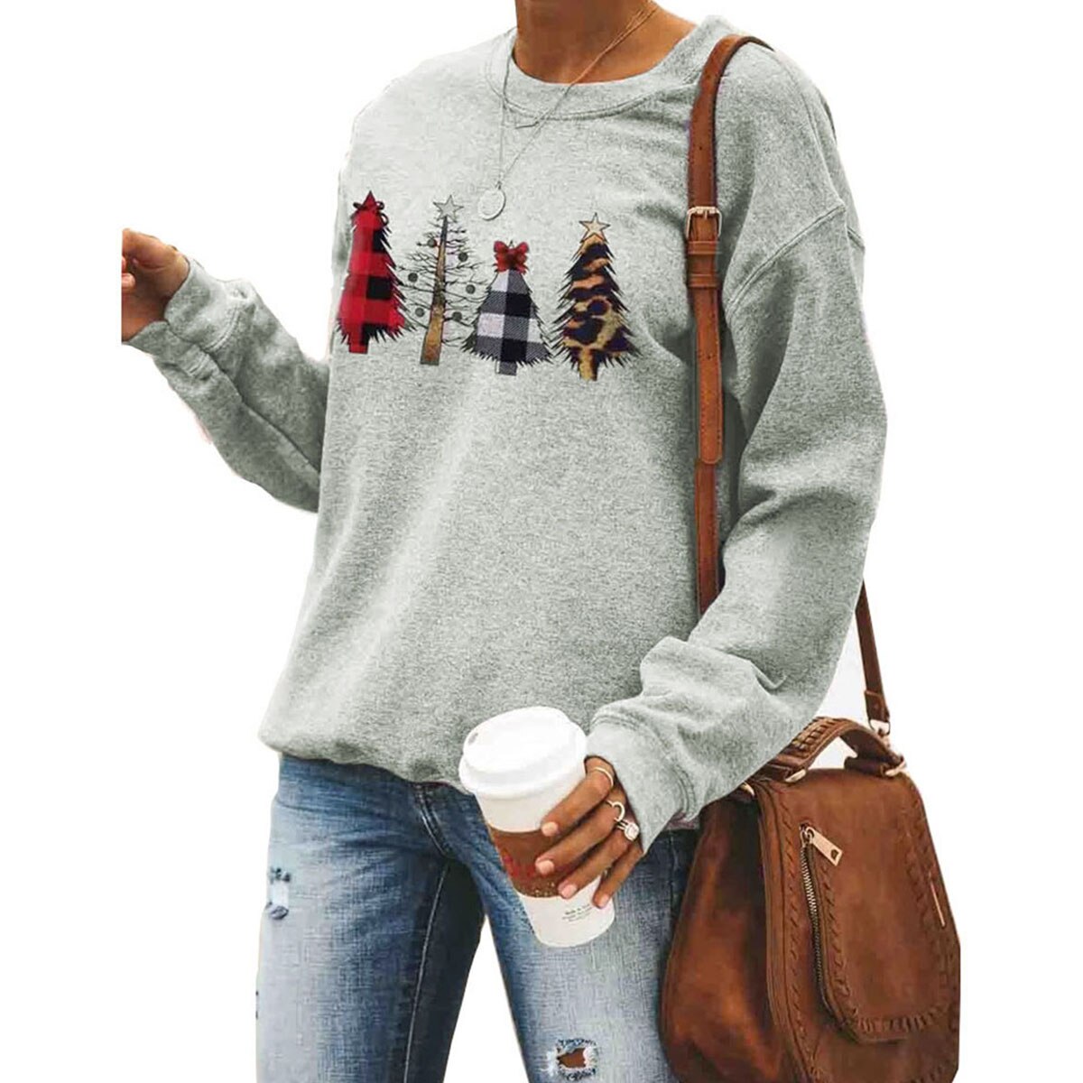 Women Christmas Trees Print Running T-Shirts Round Neck Long Sleeve Sportwear Casual Breathable Tracksuit For Fitness Yoga Gym