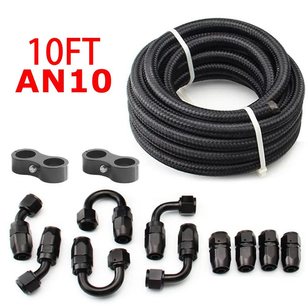 10ft An6/An8/An10 Olie Brandstof Fittingen Slang Einde 0 45 + 90 + 180 Graden Olie Adapter Kit Gevlochten Olie Brandstofslang Lijn 3M Zwart Met Klemmen