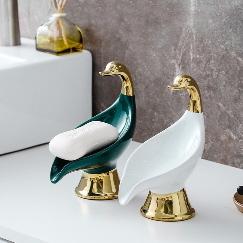 Porte-savon en céramique en forme de cygne, support de comptoir, porte-savon pour évier, étagère de rangement pour éponge de cuisine et salle de bain