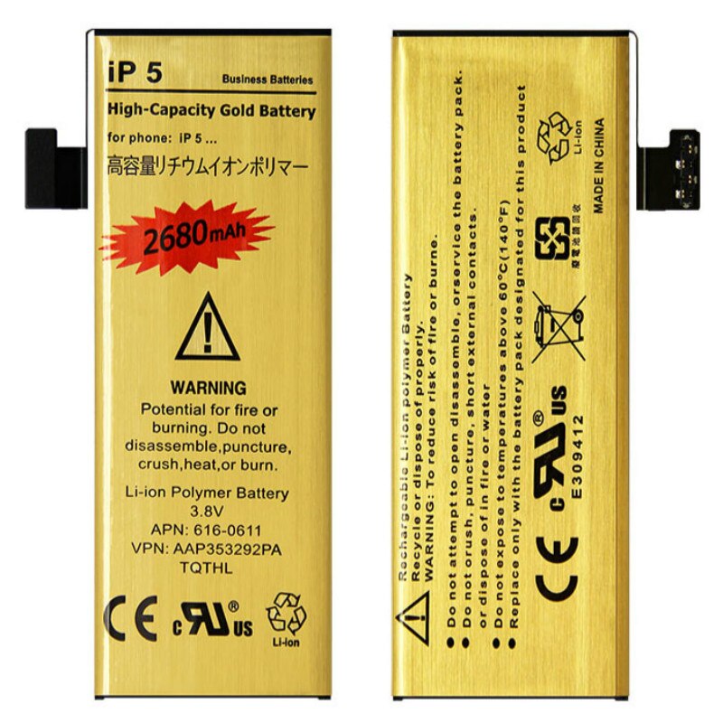 Hoge Capaciteit 2680 Mah Gold Vervangende Batterij Voor IPhone5 Iphone 5 5S 5C Batterij Ip5 Ip5s Ip5c: For iPhone 5