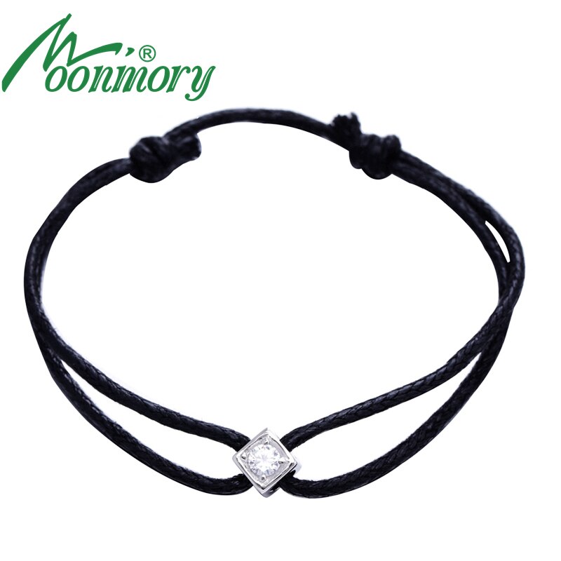 Moonmory-pulsera de plata de ley 925 con piedra cuadrada para mujer, brazalete de boda con cuerda negra, ajustable