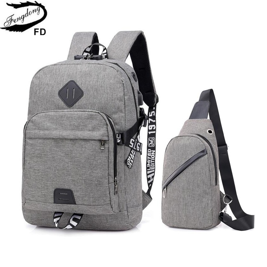 Fengdong adolescent garçons sac à dos scolaire anti-vol simple sacs d'école pour hommes mot de passe serrure sac à dos pour ordinateur portable usb sac de poitrine set sac à dos