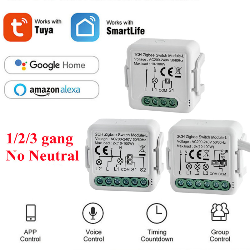 1/2/3 gang mini tuya zigbee inteligente módulo interruptor de luz vida inteligente/tuya app controle sem neutro/neutro