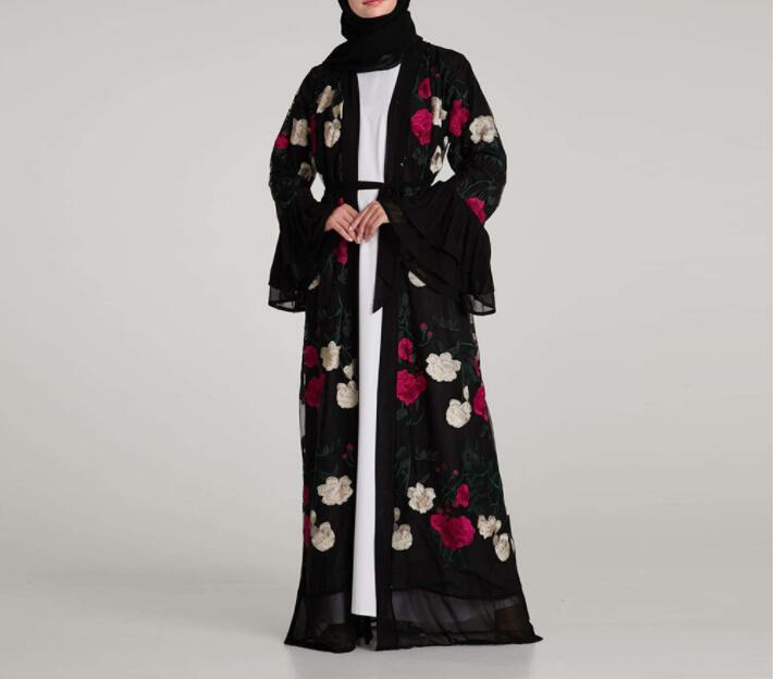 Muslim Embroidery Floral Abaya Long Dresses Flare Sleeve Cardigan Kimono Long Robe Tunic Middle East Ramadan Arab: Black / L