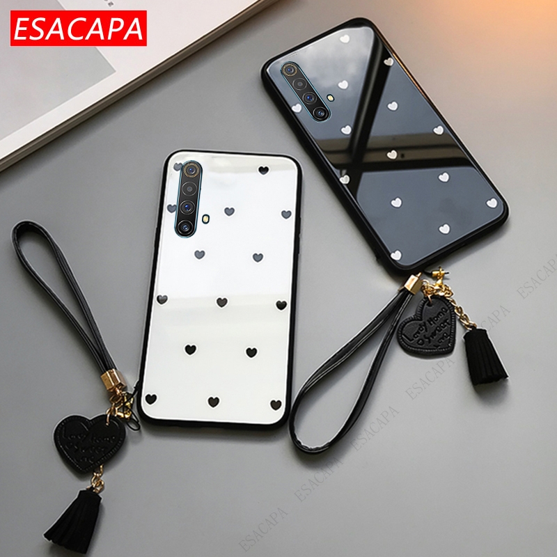 For Oppo Realme X50 7 Pro X3 Superzoom C12 Phone Case Love Tempered Glass Protection Cover For Realme 11 Pro 10 7 6 With lanyard