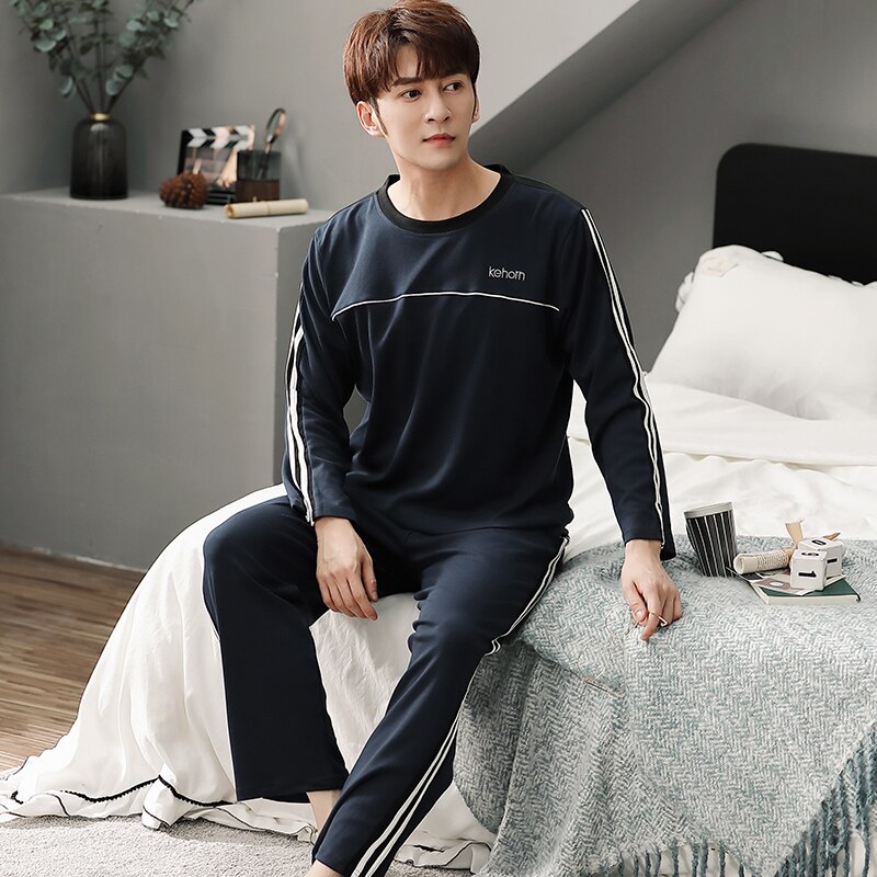 De talla grande L-3XL completa pijamas de algodón de los hombres pijamas para hombre manga larga casual de los hombres homewear blanco conjunto de pijamas para hombre