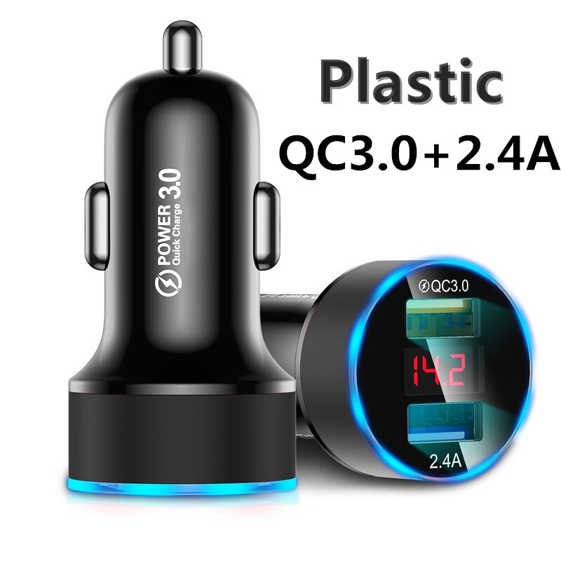 QC 3.0 Metal Dual USB Phone Car Charger LED Digital Display For iPhone Xiaomi Samsung Huawei Quick Charging Voltage Monitoring: Plastic QC3.0 Black