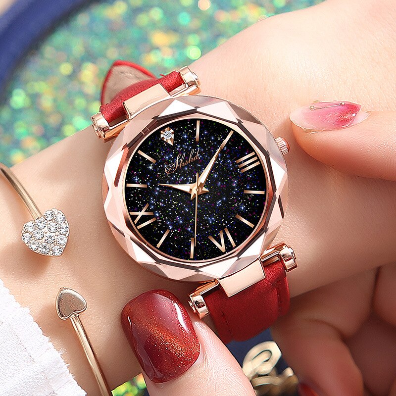 Kvinder afslappet læder dameur kvarts armbåndsur stjernehimmel kvindelig ur reloj mujer relogio feminino: Rød farve