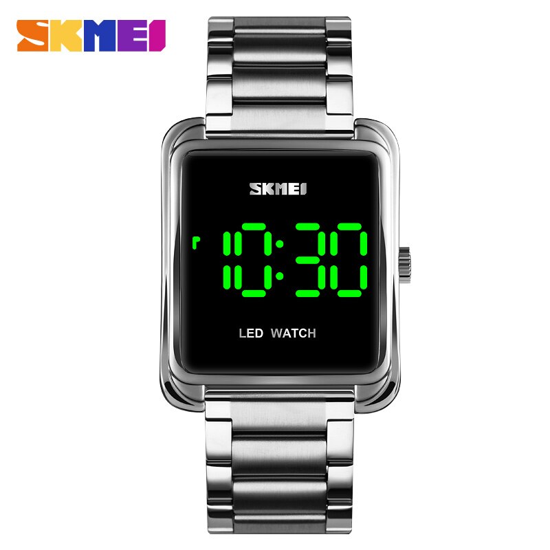 Skmei led digital klocka herr vattentät date herr digitala armbandsur i rostfritt stål tunn elektronisk klocka 1505: Silver-