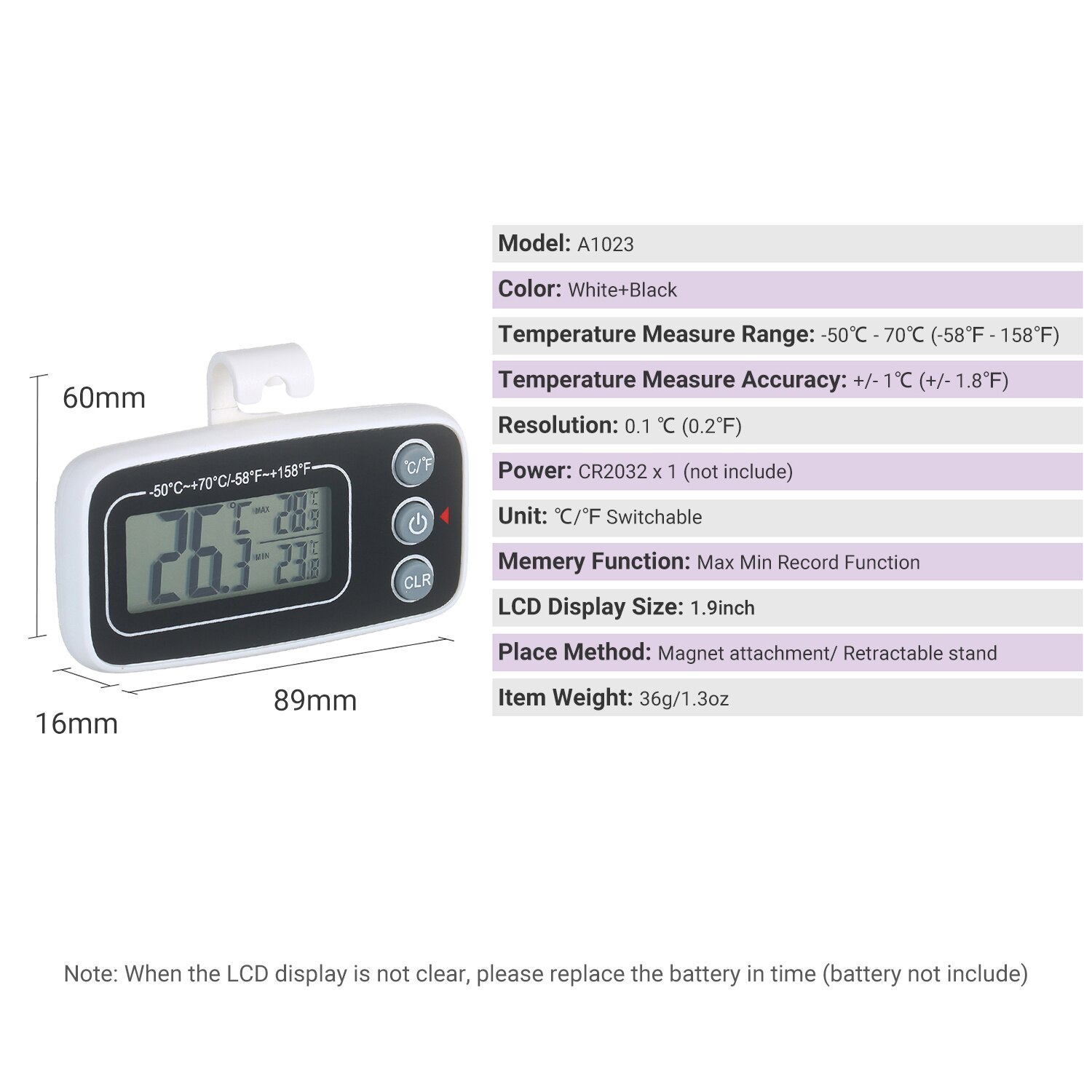 Digital Refrigerator Thermometer Freezer Fridge Room Thermometer Temperature Meter Gauge Large LCD Screen and Magnetic Back