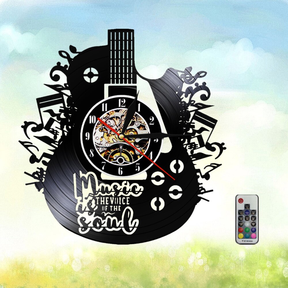 1pc Vinyl Record Wall Clock Guitar Shape Wall Hanging Clock Decorative LED Clock Without Lamp (As Shown)