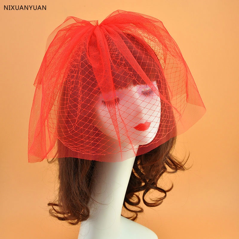 Beautiful Wedding Hat Veils Tulle Adult Bride Hats With Pearls Bridal Short Face Veil Lace Hat: Red