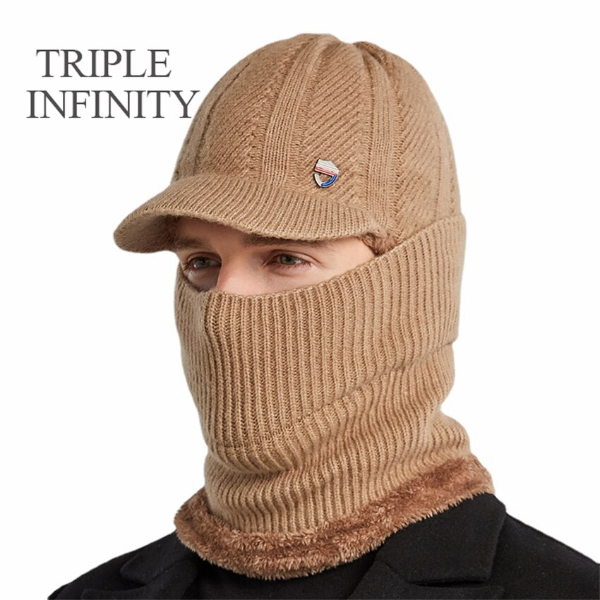 TRIPLE INFINITY Winter Men Knitted Hat Thick Windproof Dust-proof Sun Visor Hats Outdoor Cycling Warm Bonnet Male Baseball Cap: Hat And Scarf B