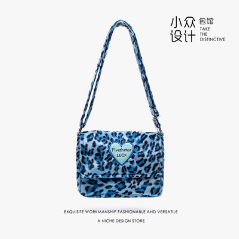 Leuke Luipaard Print Vrouwen Furry Schouder Crossbody Bag Zachte Pluche Cool Meisjes Messenger Tassen Dames Portemonnee Handtassen: blue