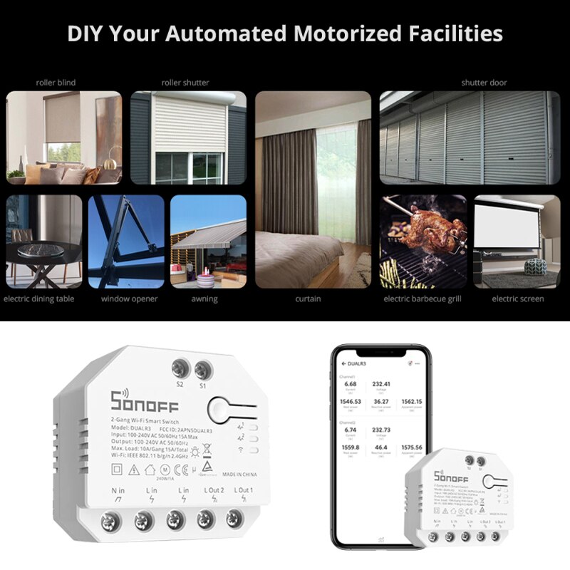 SONOFF Dualr3 Dual Relay Module Wifi DIY Mini Switch Two Way Power Metering AC Curtain Motor Controller Work With Alexa Ewelink