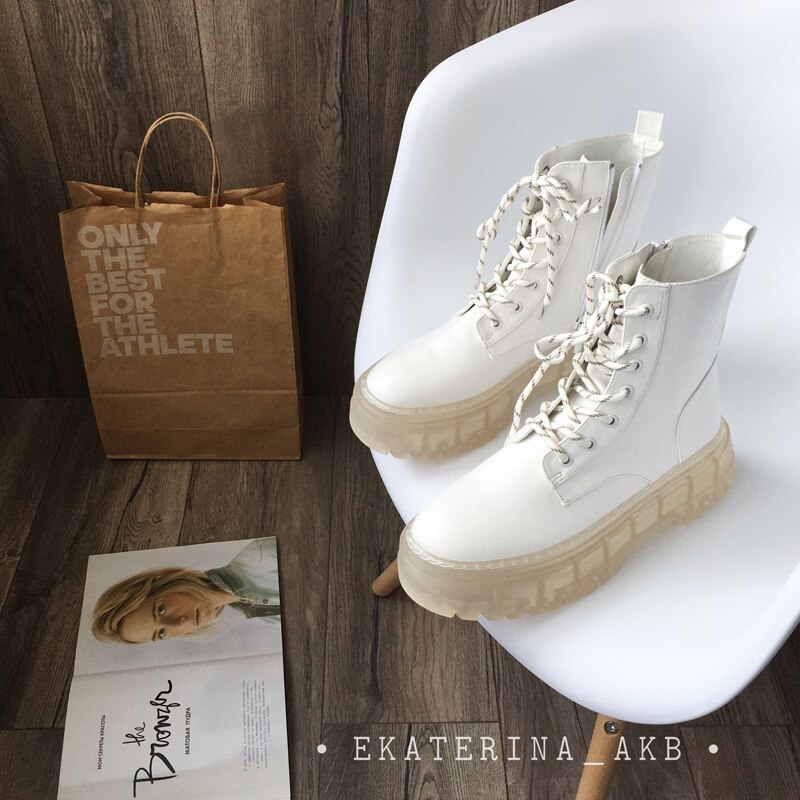 PVC Transparent talon bottines pour femmes blanc à lacets plate-forme bottes femmes automne INS femmes grosse moto bottes