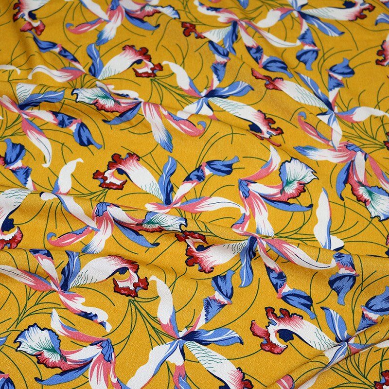 Chiffon Fabric By The Meter Floral Printed Micro Elastic Opaque Dress Skirt Flowers Summer Fabrics Breathable for Sewing Brocade: Crepe yellow grass