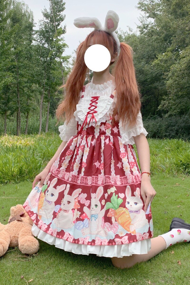 Kawaii japansk original lolita flicka lolita svamp kanin spets söt ärmlös klänning