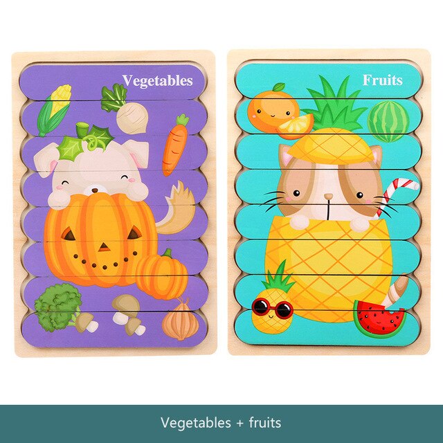 Kid Montessori Gehirn Holz Tier 3D Puzzle Spielzeug doppelseitige Streifen Jigsaw Erzählen Geschichte Stapeln Pädagogisches Spielzeug Für Kinder: Freier Raum