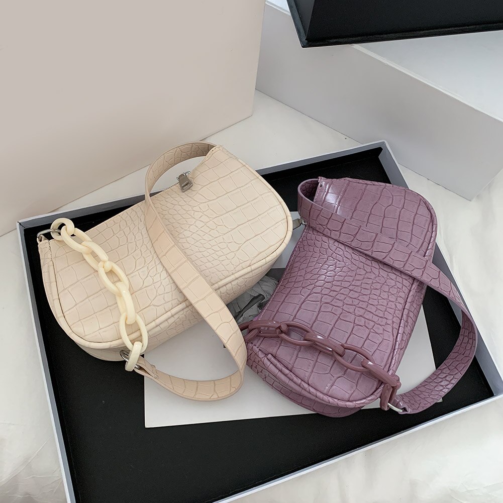 Sac à main Baguette motif Crocodile pour femmes, sac à épaule couleur bonbon avec chaîne, petits sacs sous les bras en cuir à la ,