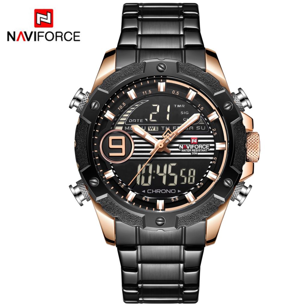 Naviforce Mannen Horloge Chronograaf Sport Horloges Klok Dual Display Quartz Analoge Digitale 3ATM Waterdicht Horloge Zwart: Black Rose Gold