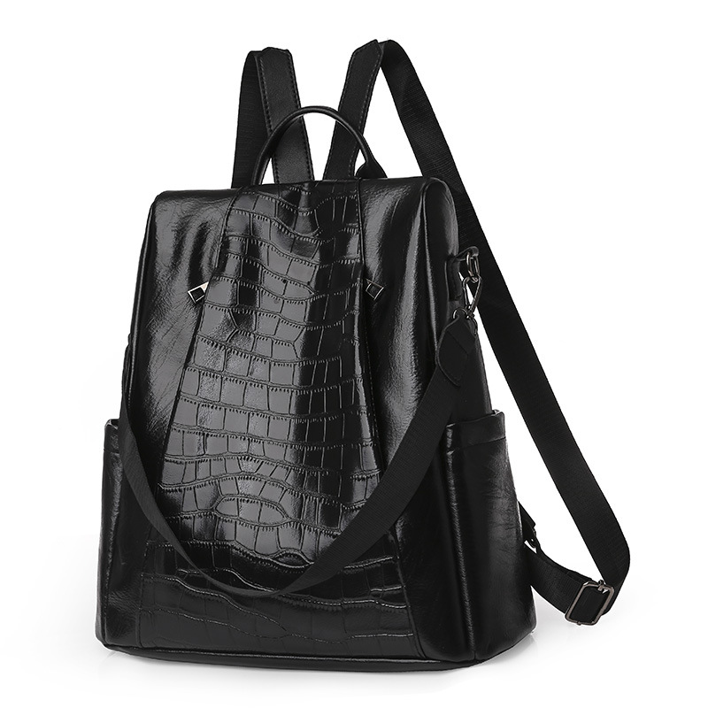 Anti-theft women Backpacks big capacity PU leather School Bags For Girls Crocodile Female Shoulder Bag Travel Backpack Daypack: black