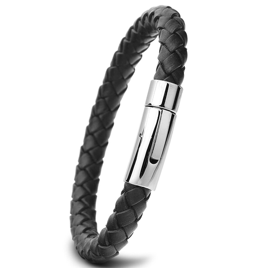 Herre armbånd rustfrit stål sort læderarmbånd armbånd armbånd punk stil smykker magnetisk lås: Sort / 22cm