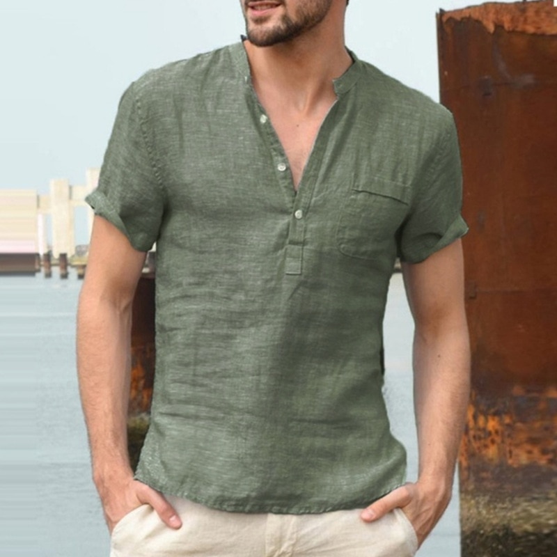 Linneskjortor herr sommar kortärmad henley skjorta chemise homme skjorta med lös knapp som andas solida herrskjortor med ficka: Grön / Xxl