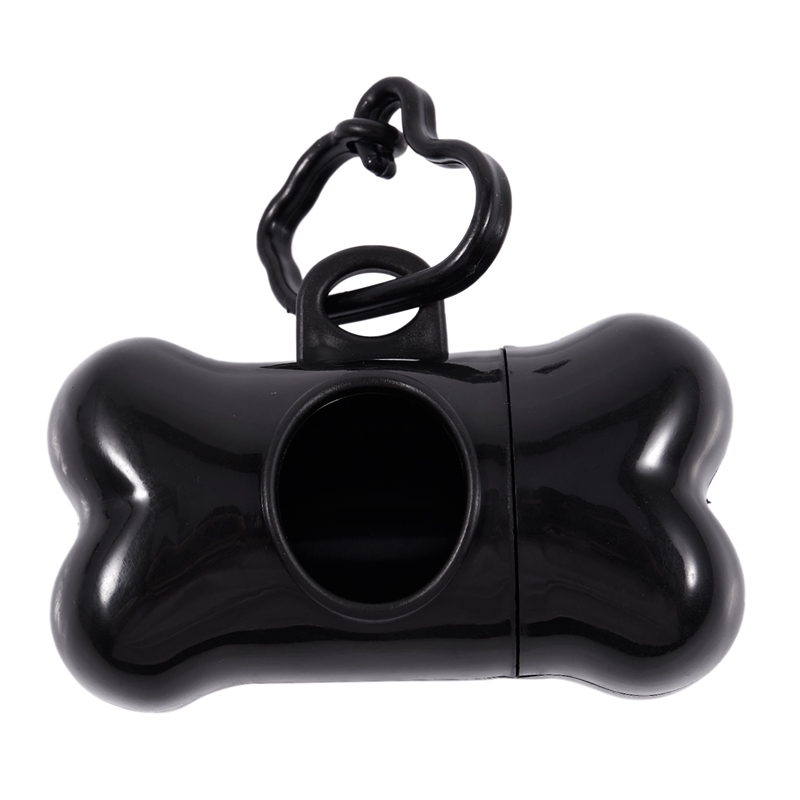 Dispensador de recogida de residuos de mascotas en forma de hueso/caca + 15 bolsas con gancho de anillo para llevar (negro)