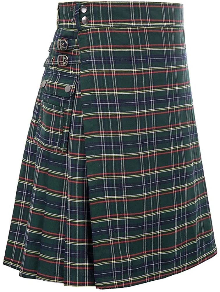 Men's Short Skirt Traditional Highland Tartan Practical Kilt Mens Skirt Vintage Kilt Scotland Gothic Punk Kendo Pocket: L / Silver