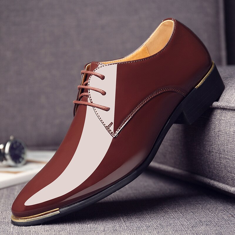 mens patent leather shoes men dress shoes lace up Pointed toe wedding Business party 5 colors big size rtg5: Brown / 6.5