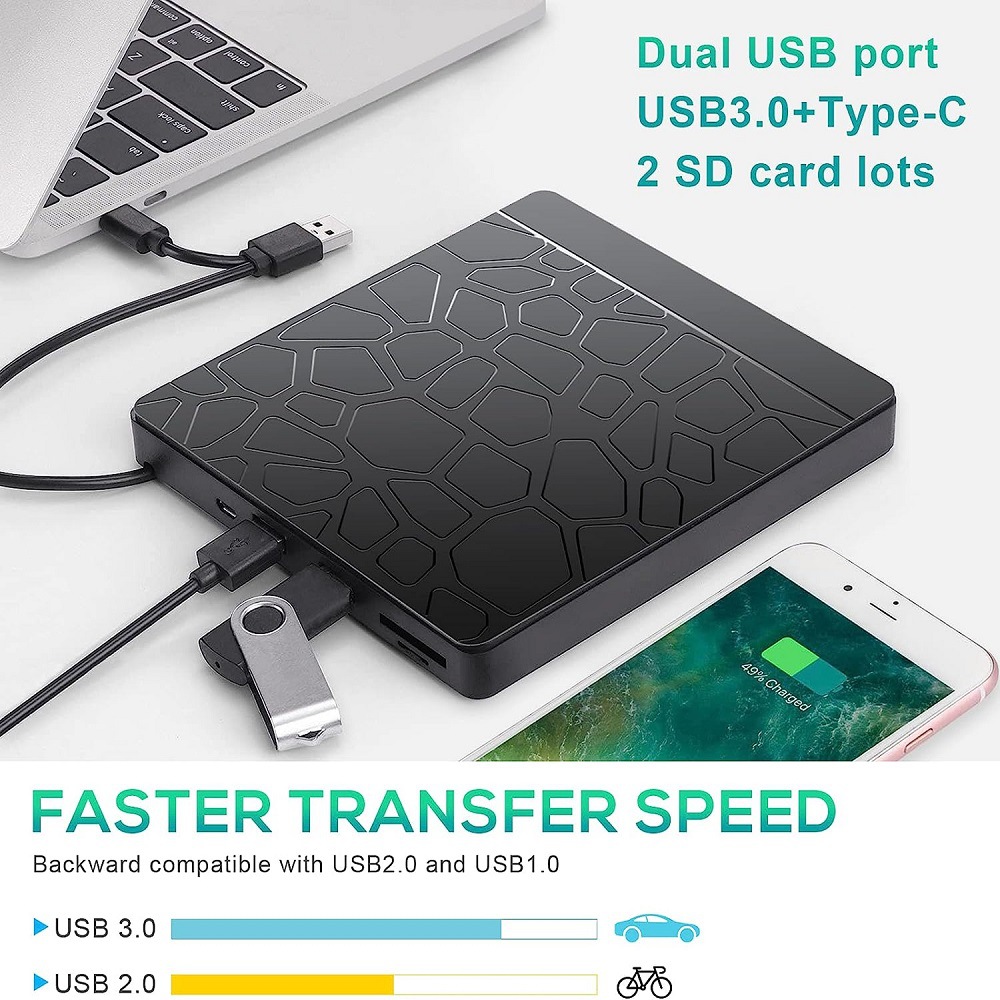 Hub usb externo multifuncional com unidade óptica, gravador de dvd, gravador de cd-r e leitor de cartões para computador, compatível com discos micro sd e tf.